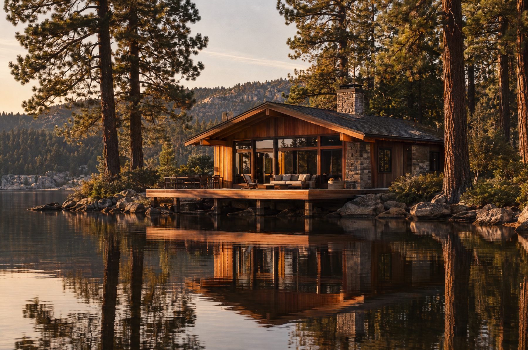 A small timber cabin on the shore of Bass Lake at golden hour, framed by tall pines